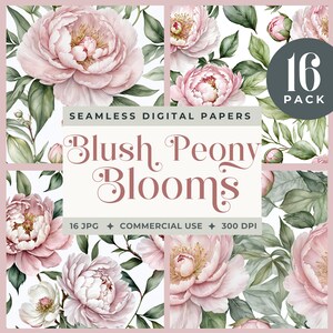 Blush Peonies Digital Paper, Seamless Floral Backgrounds, Pink Peony Pattern, Scrapbook Paper, Wedding Crafts, Junk Journals, Cardmaking