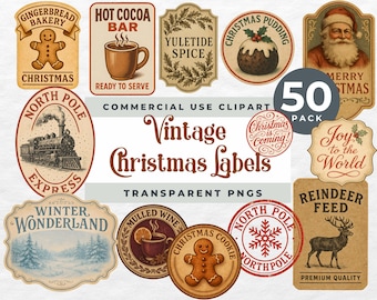 Vintage Christmas Labels Clipart Pack – 50 Retro Holiday PNGs, Antique Xmas Stickers, Rustic Holiday Label Clip Art, Printable Elements