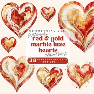 May include: A set of 38 watercolour red and gold marble heart clipart images. The hearts are in various sizes and orientations. The hearts are perfect for adding a touch of luxury to your designs.