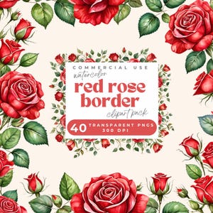 Red Roses Border Watercolor Clipart, Red Rose Border Clipart, Valentine Rose floral border Clip Art PNG Red Rose Corner, Wreath, Line Border