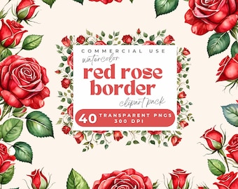 Red Roses Border Watercolor Clipart, Red Rose Border Clipart, Valentine Rose floral border Clip Art PNG Red Rose Corner, Wreath, Line Border