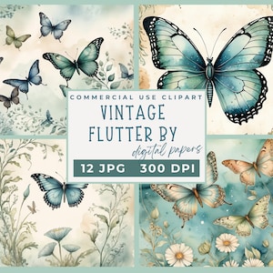 Vintage Butterfly Digital Paper, Vintage butterflies printable pages, Scrapbook Paper Junk Journals Digital Printable Collage Sheet JPG