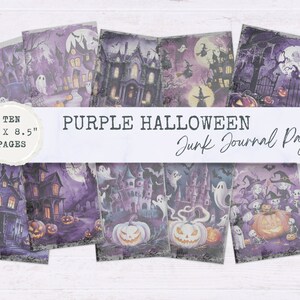 Halloween Junk Journal Pages, Witch Junk Journal, Purple halloween theme, Spooky scary halloween Digital Paper Scrapbooking Junk Journaling