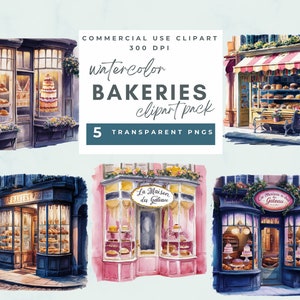 Clipart de acuarela de escaparate de panadería, clipart de escaparates de panadería en acuarela, linda cafetería de panadería en formato PNG, clipart de panaderías vintage PNG