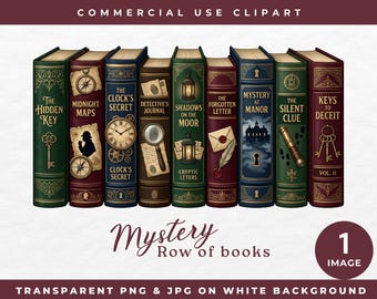 Row Of Books Clipart, Mystery Book Lover, Vintage Mystery Books PNG, Detective Book Stack, Commercial Use Image