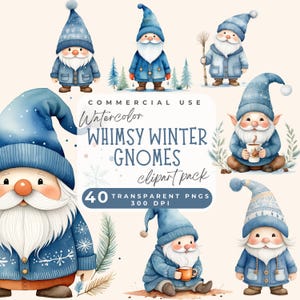 Whimsical Winter Gnome Clipart, Whimsy Winter Gnome Clip Art Digital Download, Card Making, Mixed Media Digital Paper Craft winter gnome PNG