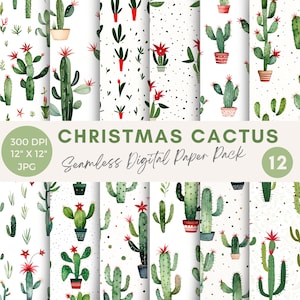 Modelli senza cuciture di cactus di Natale Carta digitale JPG, Clipart di cactus festivi ad acquerello, cactus di Natale JPG, Junk Journal, Scrapbooking