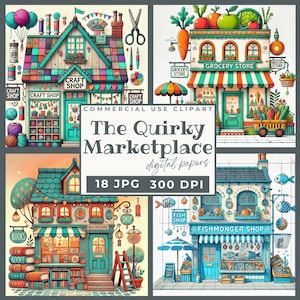 Clipart shopping original, JPG 18 devantures fantaisistes, graphismes colorés de devantures fantaisistes, fabrication de cartes, journaux indésirables, créations de scrapbooking