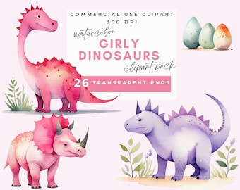 Puede incluir: Una colección digital de ilustraciones de dinosaurios en acuarela que incluye un dinosaurio rosa de cuello largo, un triceratops rosa, un dinosaurio morado con púas y tres huevos moteados. El texto dice: COMMERCIAL USE CLIPART 300 DPI watercolor GIRLY DINOSAURS clipart pack 26 TRANSPARENT PNGS.