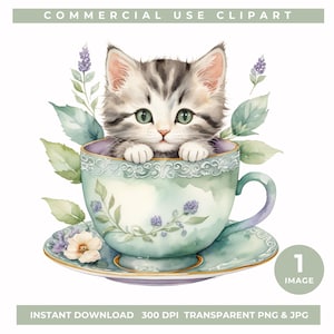 Gattino in tazza da tè Clipart PNG, Arte acquerello di gatto carino, Tazza da tè floreale PNG, Illustrazione di animali domestici, Decorazione per la cameretta dei bambini, Creazione di biglietti fai da te, Diari spazzatura