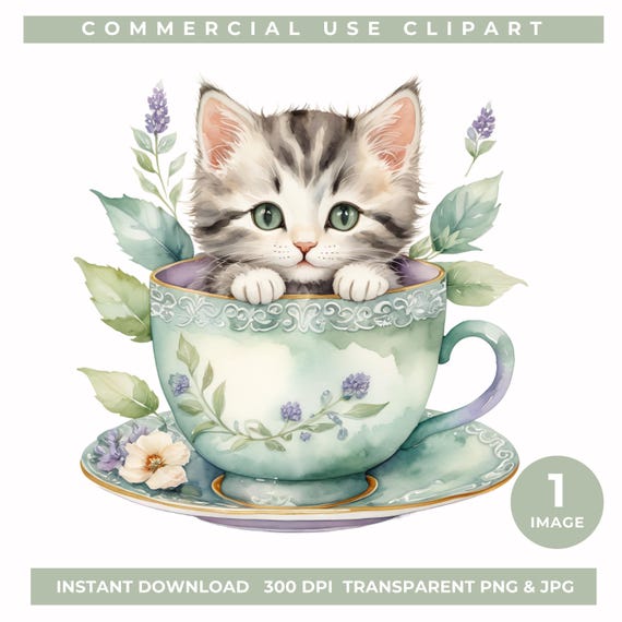 猫とティーカップの絵画 原画 ティーカップに入った子猫のクリップアート PNG、かわいい猫の水彩画