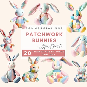 Könnte beinhalten: Ein Set mit 20 digitalen Clipart-Bildern von Patchwork-Hasen in verschiedenen Farben und Posen. Die Hasen sitzen alle und haben einen niedlichen, verspielten Stil. Die Bilder sind 300 DPI und perfekt für die Verwendung in digitalen Projekten.
