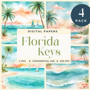 Papier numérique Florida Keys, arrière-plans de plage tropicale aquarelles scènes d'océan coucher de soleil art littoral palmier paquet de papier artisanat journal indésirable