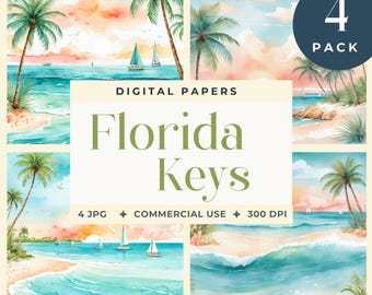 Florida Keys Digital Paper, Tropical Beach Backgrounds Watercolor Ocean Scenes Sunset Coastline Art Palm Tree Paper Pack Crafts Junk Journal