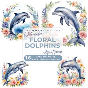 Watercolor Floral Dolphin Clipart JPG on white background, Summer Dolphins, Tropical JPG, Flower Dolphins, Floral Ocean Animals, sea animals