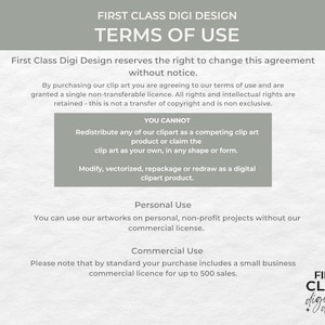 Op de afbeelding: Een document met gebruiksvoorwaarden voor digitale kunst met de tekst "FIRST CLASS DIGI DESIGN GEBRUIKSVOORWAARDEN". Het document schetst de voorwaarden voor persoonlijk en commercieel gebruik. Het ontwerp is lichtgrijs.