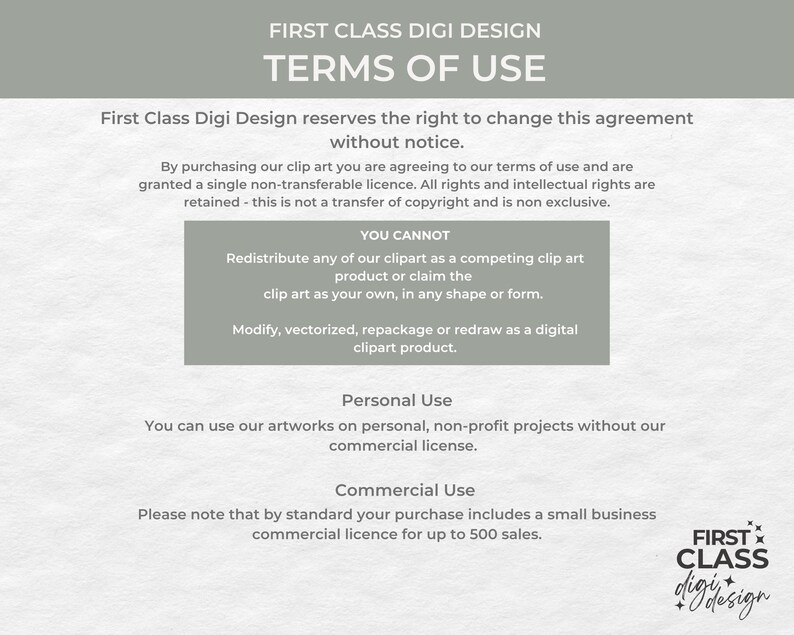 Op de afbeelding: Een document met gebruiksvoorwaarden voor digitale kunst met de tekst "FIRST CLASS DIGI DESIGN GEBRUIKSVOORWAARDEN". Het document schetst de voorwaarden voor persoonlijk en commercieel gebruik. Het ontwerp is lichtgrijs.