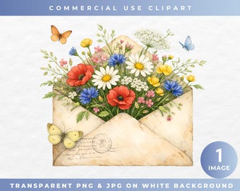 Watercolor Clipart Envelope, Wildflower Mail Art PNG, Butterfly Floral Letter, Vintage Botanical Clip Art, Junk Journal, Digital Download