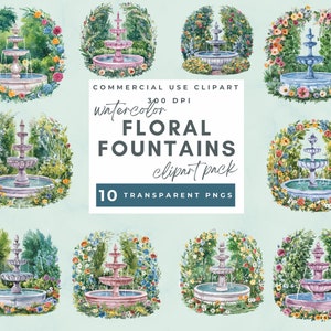 Watercolor Garden Fountain Clipart, Floral Fountain Clipart, Floral Garden, Printable Watercolor clipart, Digital download, Paper crafts PNG