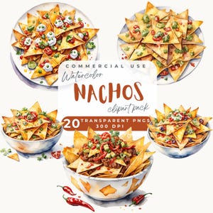 Nacho Clipart, Watercolor loaded nachos Clip Art PNG, Mexican cuisine food fiesta nacho chips clipart pack, party snacks fast food graphics