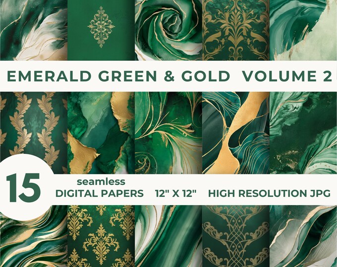 Emerald Green Digital Paper Clipart, Watercolor Digital Papers, Gold ...