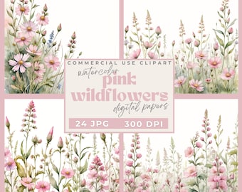 Clipart di bordo floreale di fiori selvatici rosa su sfondo bianco, Clipart floreale ad acquerello, Clip art di fiori selvatici JPG, Clip art di fiori primaverili JPG
