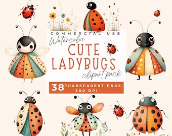 Clipart Cute Ladybug, Watercolor Cute Ladybug Clip art, Spring Summer Bug Nursery decor Lover Birthday card making Baby Shower Bundle Png