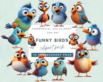 Imágenes prediseñadas de pájaros divertidos, pájaros extravagantes png, pájaros divertidos y lindos Clipart PNG animales de aves Clip Art imprimible arte transparente Descarga digital