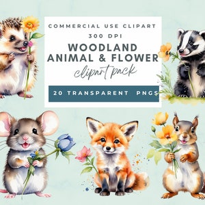 Souris avec des fleurs, clipart animal des bois et fleurs, animal des bois PNG, renard et fleurs, hérisson, blaireau, écureuil et fleurs