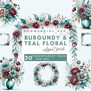 Clipart floral bordeaux et bleu sarcelle, rouge bordeaux, fleurs à l'aquarelle, couronnes, clipart mariage, guirlandes, corsage, cadre floral clipart PNG