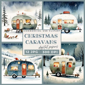 Clipart di roulotte di Natale, carte digitali, Clipart di roulotte di Natale carine, sfondi festivi, campeggio invernale JPG Holiday Trailer Home