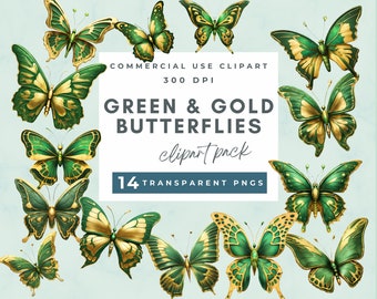 Green Gold Butterflies Clipart, Butterfly Clip Art, Commercial Use, Butterflies Glitter, Wedding, Scrapbooking, illustrations scrapbook