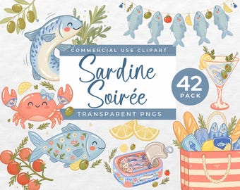 Sardines Clipart, Mediterranean Fish PNG, Coastal Food Illustrations, Tinned Seafood Lemon Olive Summer Party Graphics