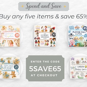 Op de afbeelding: Een advertentie met de tekst "Sparen en besparen" en "Koop vijf items en bespaar 65%". Er worden zes productafbeeldingen weergegeven, waaronder eenhoorns, eigenzinnige zussen, kogelvissen, teddyberen en tuinkrabbels. De code "5SAVE65" wordt weergegeven.