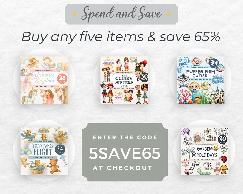 Op de afbeelding: Een advertentie met de tekst "Sparen en besparen" en "Koop vijf items en bespaar 65%". Er worden zes productafbeeldingen weergegeven, waaronder eenhoorns, eigenzinnige zussen, kogelvissen, teddyberen en tuinkrabbels. De code "5SAVE65" wordt weergegeven.
