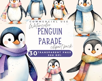 Cute penguin watercolor clipart, Winter Penguin Clip art PNG Images, Christmas Penguin Clipart, arctic animal clipart, nursery clipart PNG