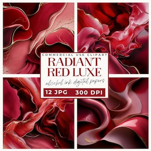 Pacchetto di carta digitale Radiant Red Luxe JPG, texture di inchiostro alcolico rosso intenso per progetti fai da te e artigianato di San Valentino, inviti, scrapbooking