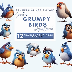 Imágenes prediseñadas de pájaros gruñones, imágenes prediseñadas digitales, pájaros de dibujos animados, pájaros divertidos, imágenes prediseñadas de acuarela, PNG de alta calidad, imágenes prediseñadas imprimibles, descarga digital