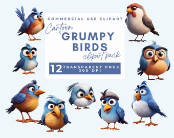Grumpy birds clipart, Digital Clipart, Cartoon birds, Funny birds, Watercolor clipart, High Quality PNG, Printable clipart, Digital download