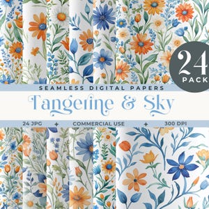 May include: A collection of 24 seamless digital papers featuring watercolor floral designs in shades of orange, blue, and white. The text "Tangerine & Sky" is displayed in elegant script, with additional text indicating commercial use and 300 DPI.