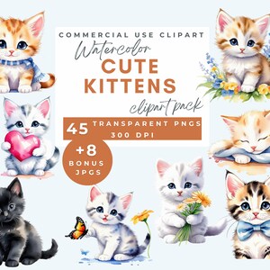 Cute kitten watercolor clipart, funny cat clipart,