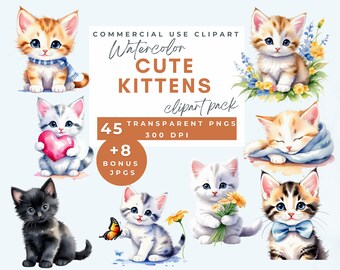 Cute kitten watercolor clipart, funny cat clipart,