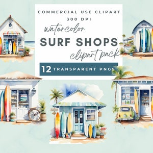 Surf Board Clipart Watercolor, Cute Watercolor Surf Shop Scenes,  Surf Clipart, Scrapbooking, Vacation, Summer, Ocean, Beach, Surfboard PNG