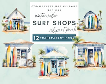 Surf Board Clipart Watercolor, Cute Watercolor Surf Shop Scenes,  Surf Clipart, Scrapbooking, Vacation, Summer, Ocean, Beach, Surfboard PNG