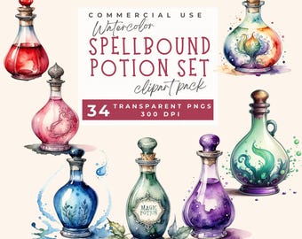 Watercolor Magic potions clipart, Magical Spells Potion Clipart, Digital Illustration, Magic Bottle, Colorful Halloween potion Clip art PNG