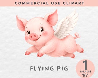 Flying Pig Clipart, Cute Piglet With Wings PNG, Commercial Use Clipart, Whimsical Farm Animal, Baby Shower Pig Art