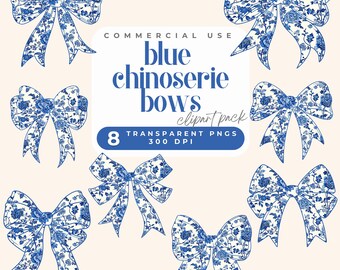 8 PNG Blue And White Chinoiserie bow, Vintage Floral Patterns, PNG Bundle, Coquette Blue Willow Sublimation, Trendy Chinoiserie PNG blue bow