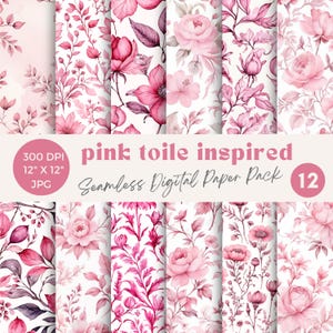 Pink Toile digital paper JPG, pink toile de jouy inspired seamless patterns, floral patterns Scrapbooking, Junk Journal Instant download JPG