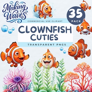Clownfish Clipart, Cute Fish PNG, Ocean Animals Graphics, Underwater Party Clip Art, Sea Life Clipart, Scrapbook, Kids Crafts, Card making