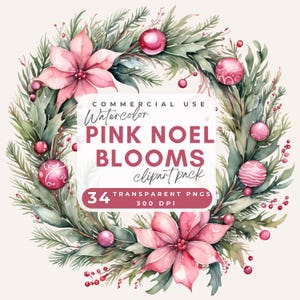 Clipart ghirlanda di Natale rosa, ghirlanda di fiocchi rosa acquerello, fiocco rosa PNG, design di maglietta a sublimazione retrò per le feste, palline rosa PNG